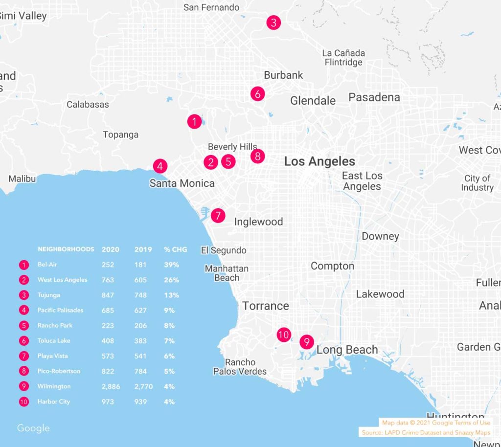 Map showing neighborhoods with largest crime increase