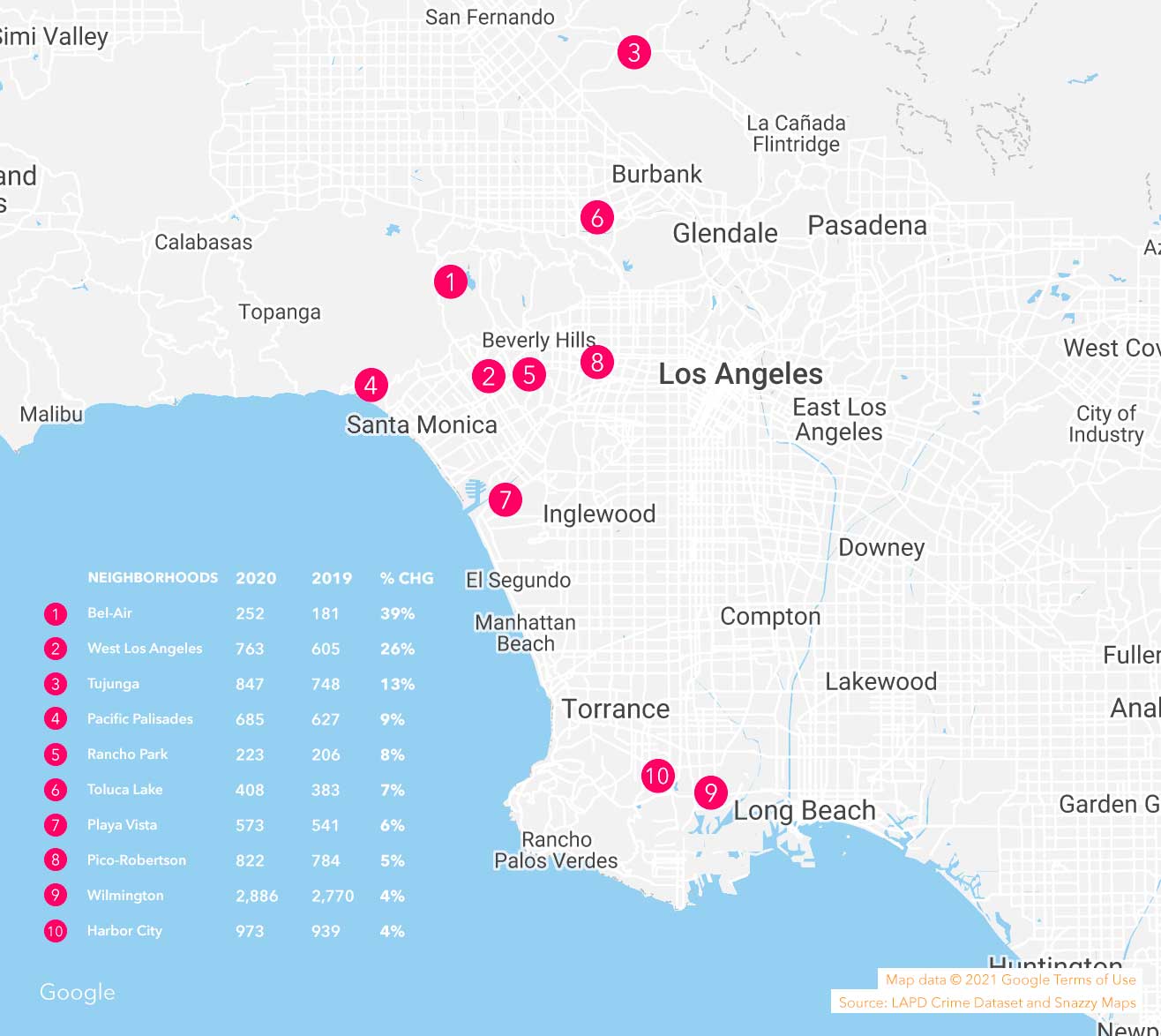 Crime Fell In Los Angeles Last Year But Not For Everyone   Map2 Increase 