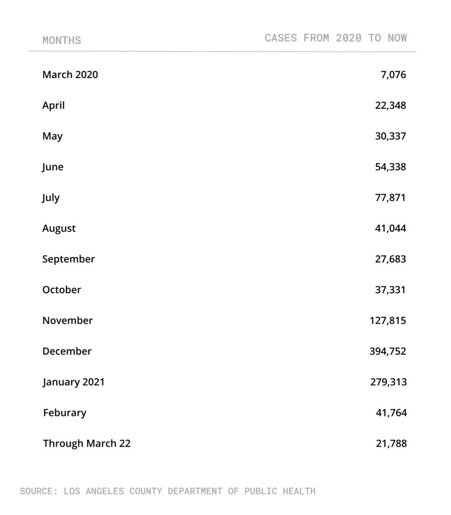 Table with monthly count of COVID-19 cases