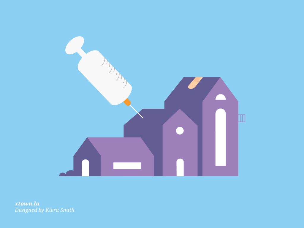 Illustration of a needle going into a house