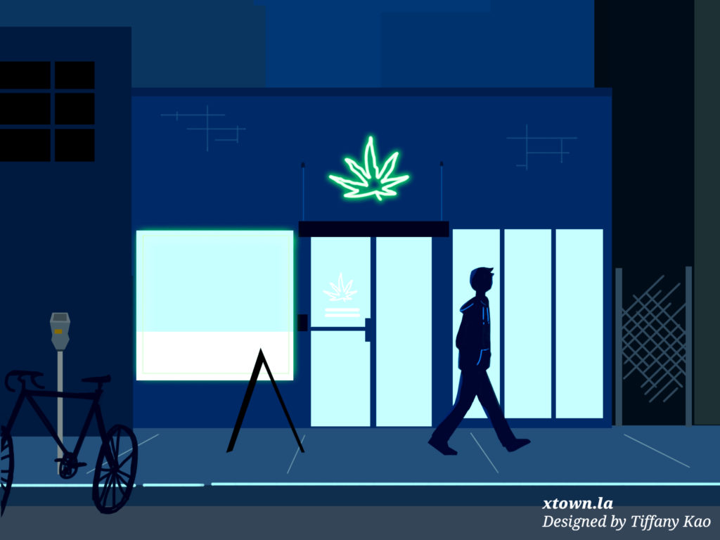 Illustration of a man walking by a pot dispensary