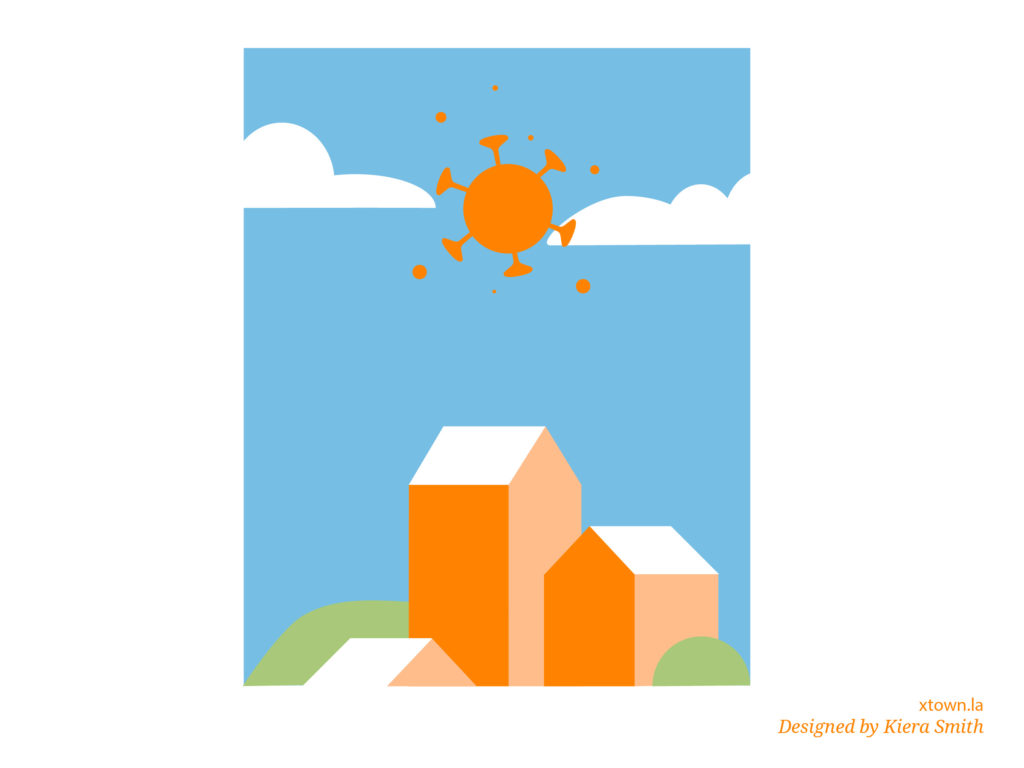 Illustration of a COVID sun over houses