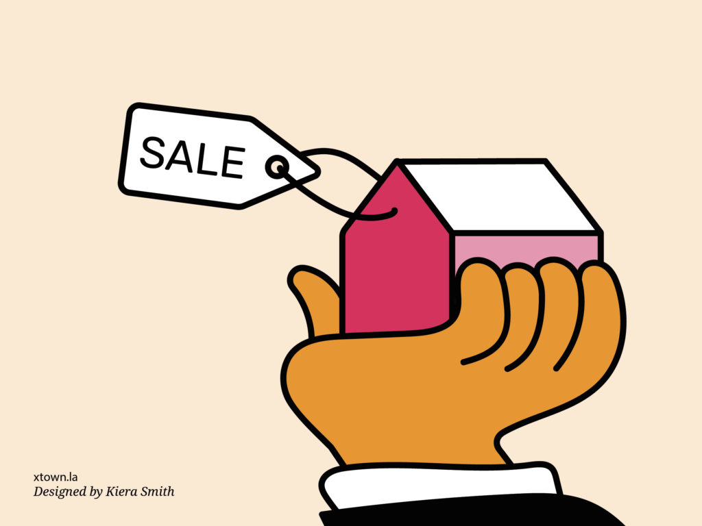 Illustration of a hand holding a house for sale