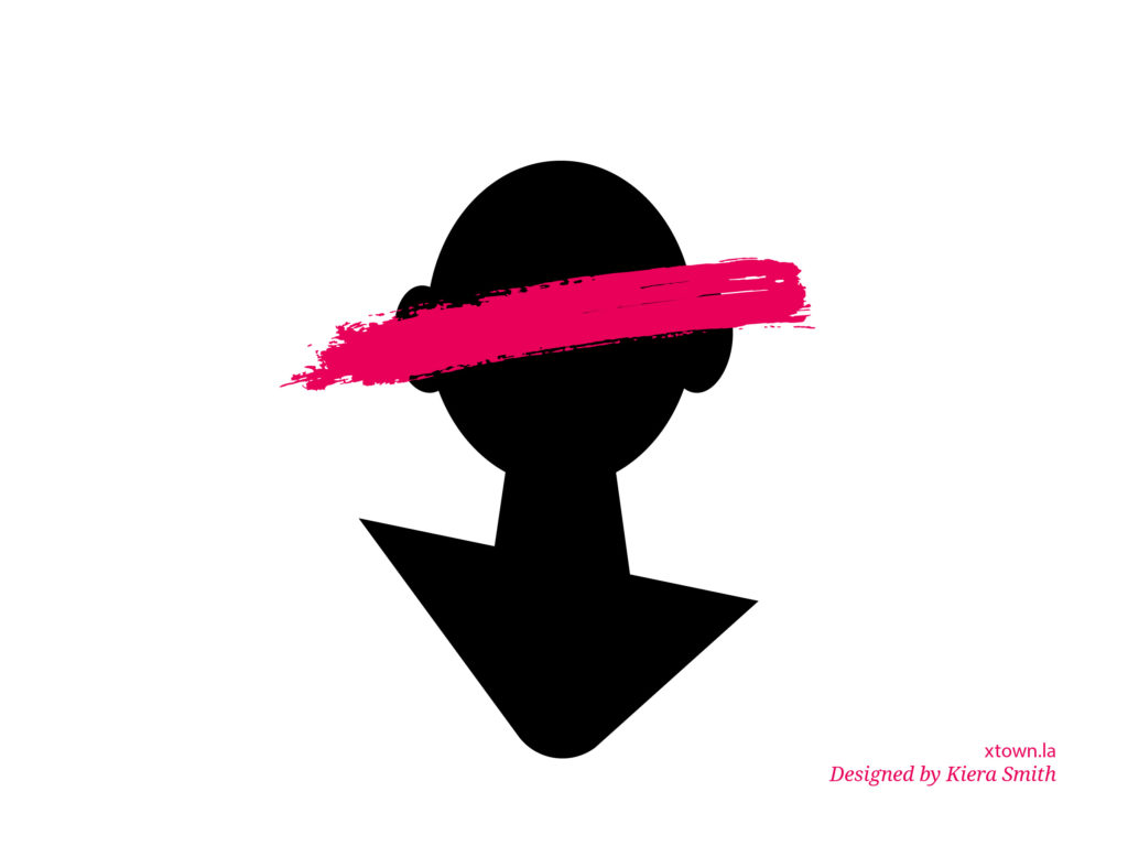 Silhouette with pink streak across eyes to illustrate hate crimes