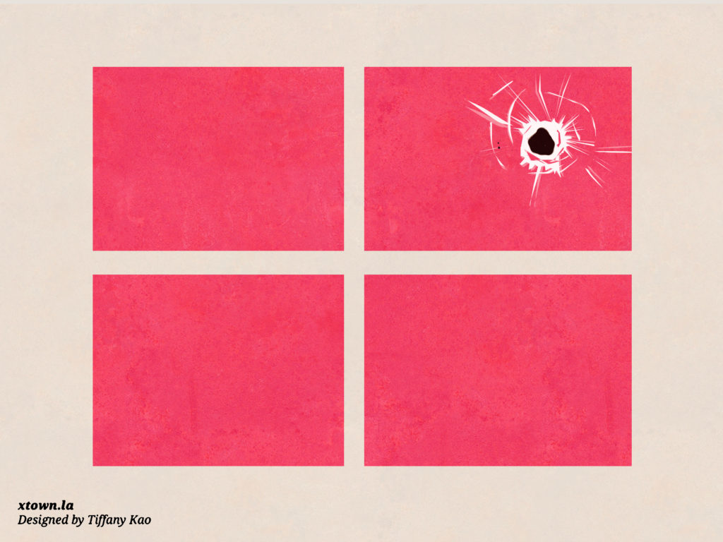 Illustration of a red window with a bullet hole.