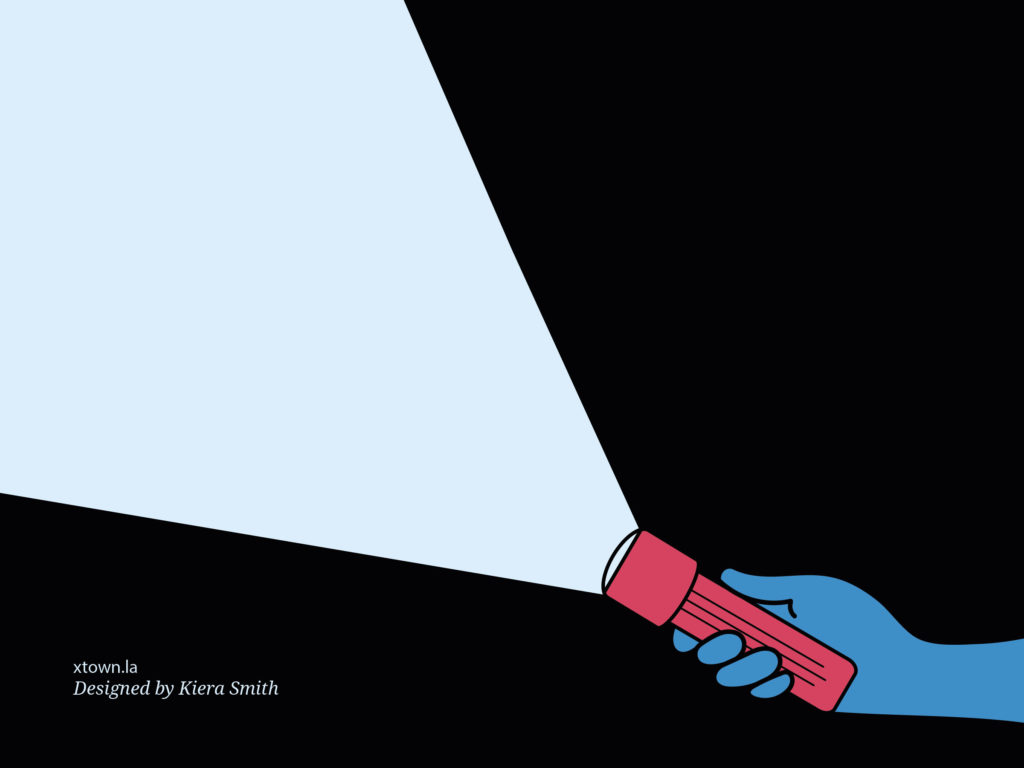 Illustration of a hand holding a red flashlight