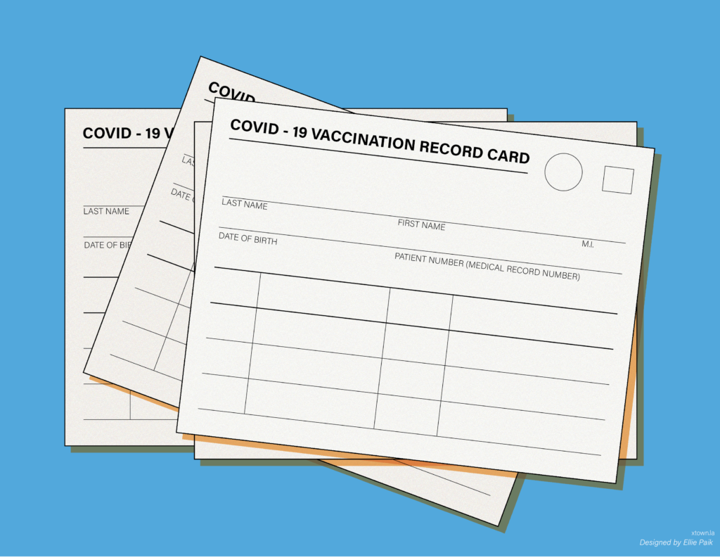 Illustration of a COVID vaccine card with a blue background