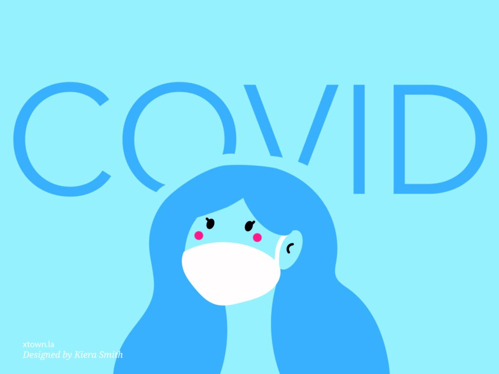 Blue illustration of girl with mask and COVID sign