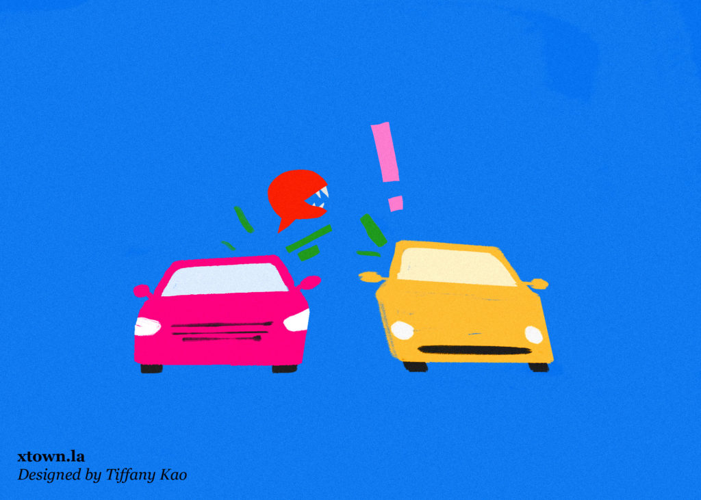 Illustration of a pink and orange car with road rage driver