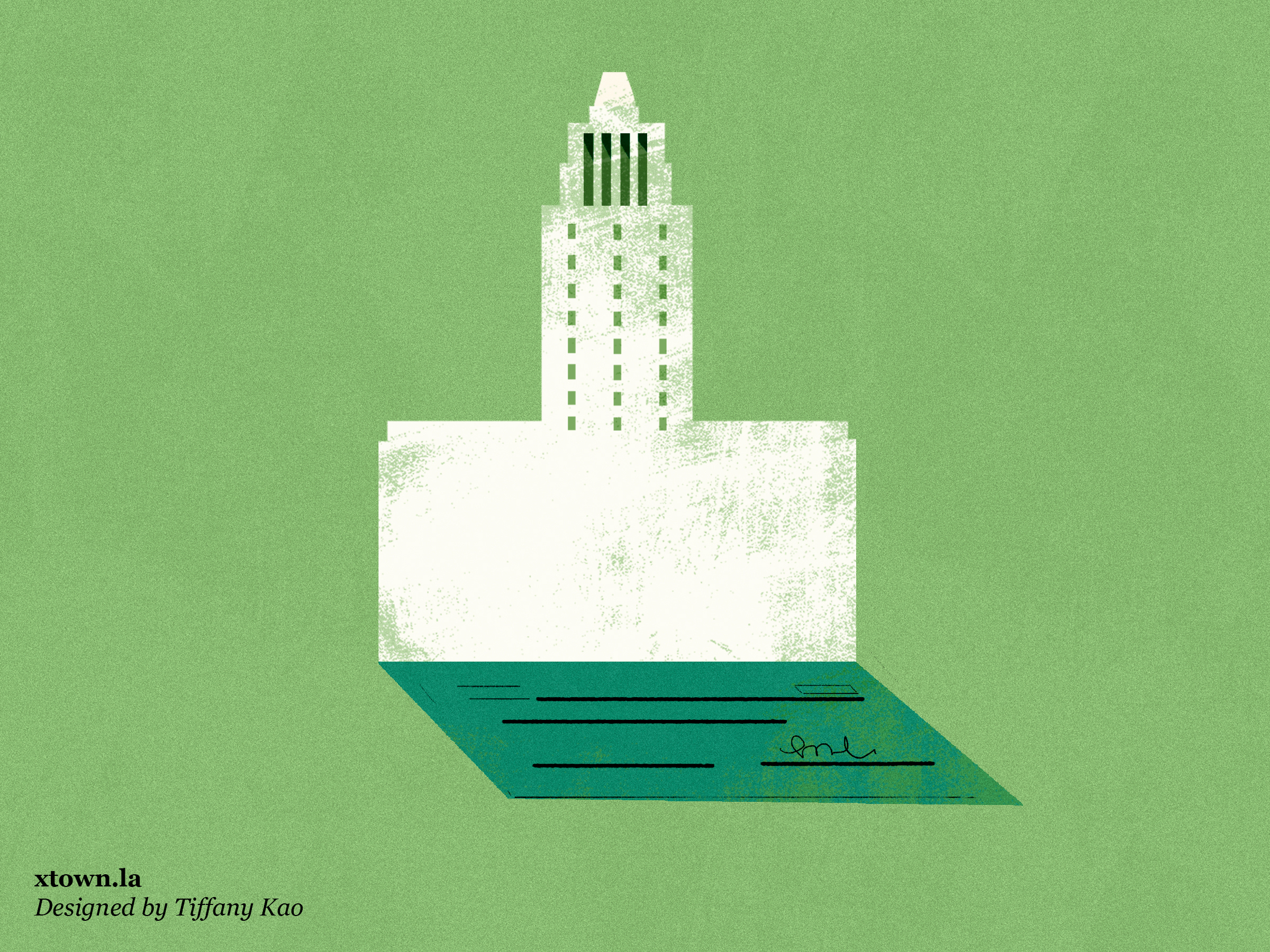 Illustration of City Hall with a green background and a blank check