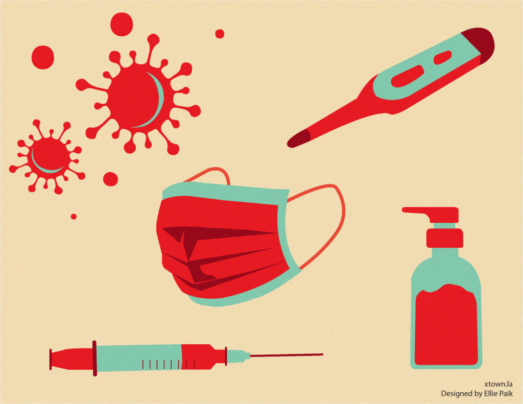 Illustration of a mask, thermometer, hand sanitizer etc