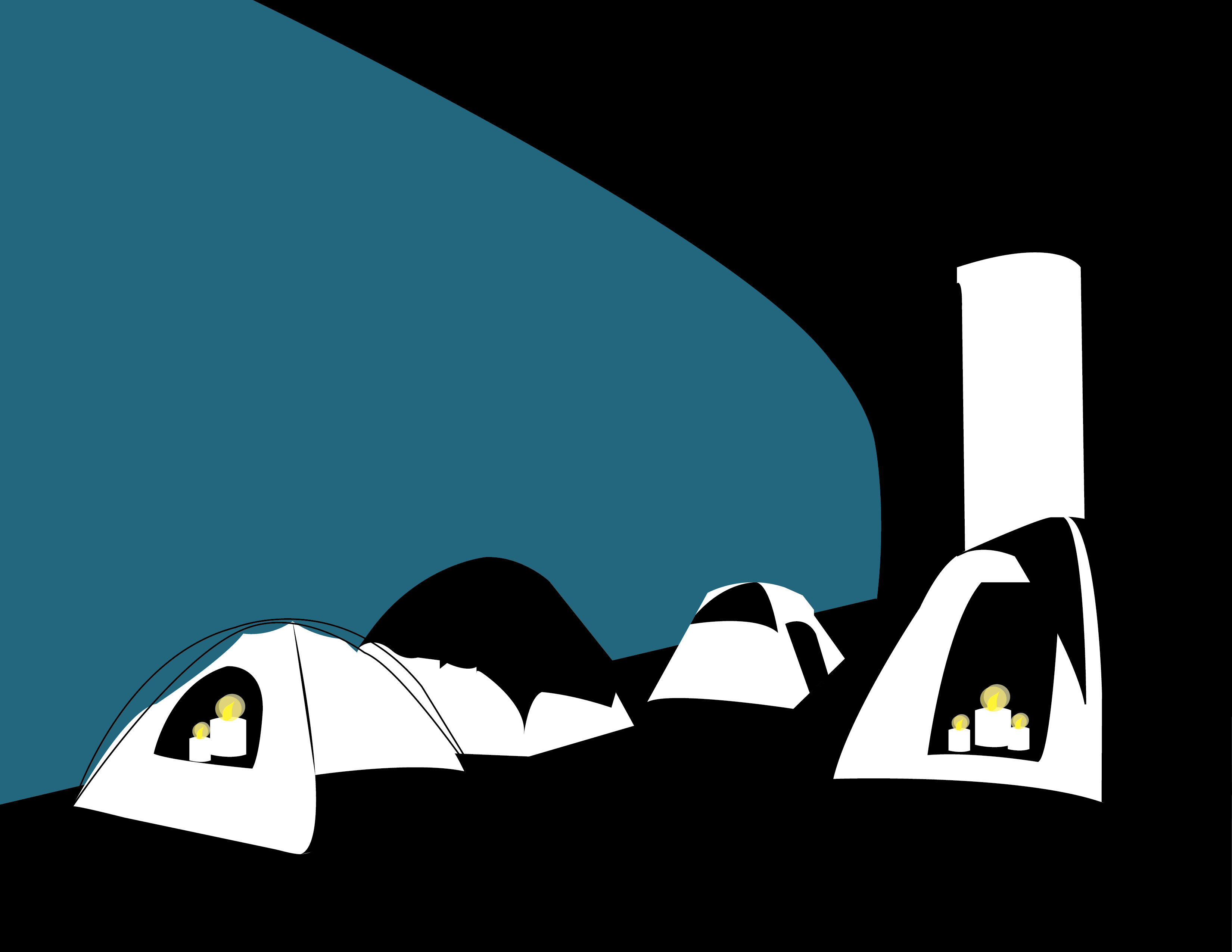 Black and blue illustration of tents with candles
