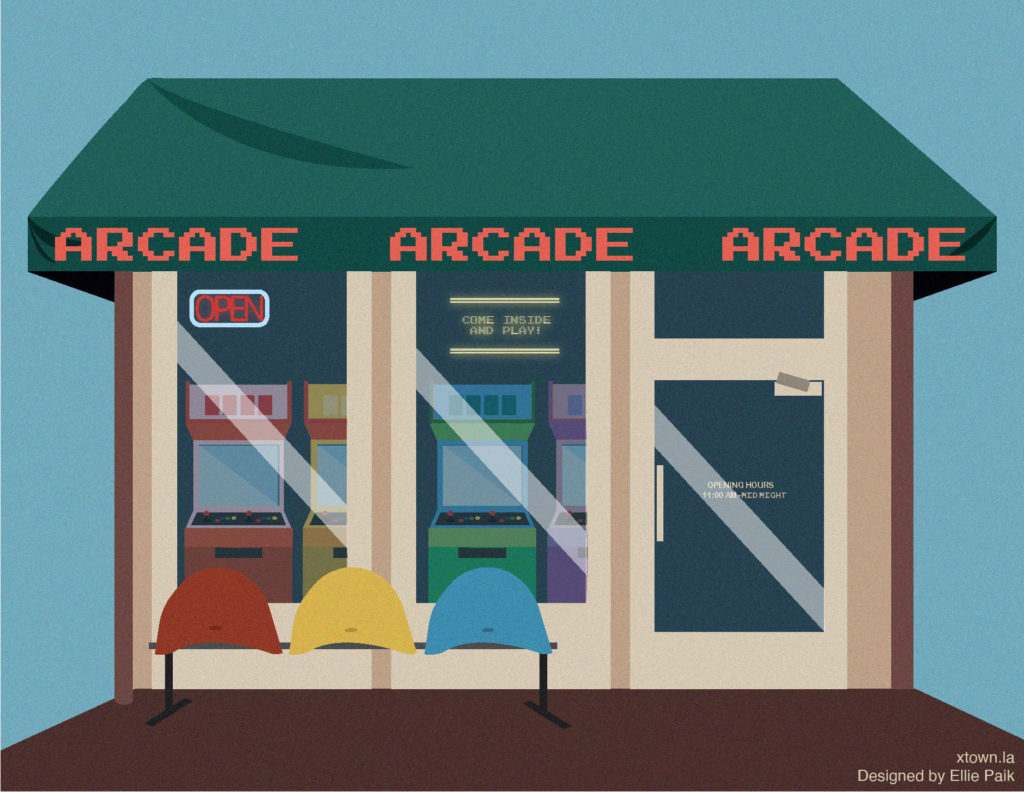 Illustration of an arcade with a green awning