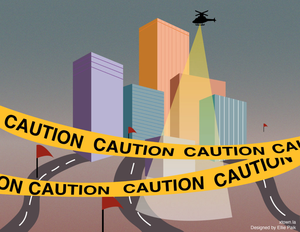 Illustration of the city skyline with police tape and a helicopter overhead