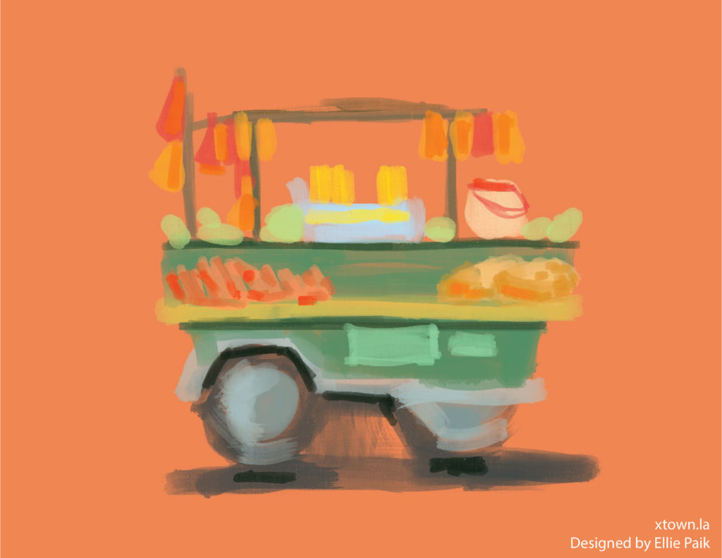 Watercolor-type illustration of a street vendor's fruit cart