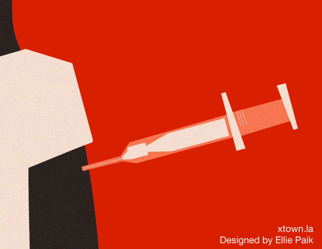 Illustration of a needle going into an arm, with a red background