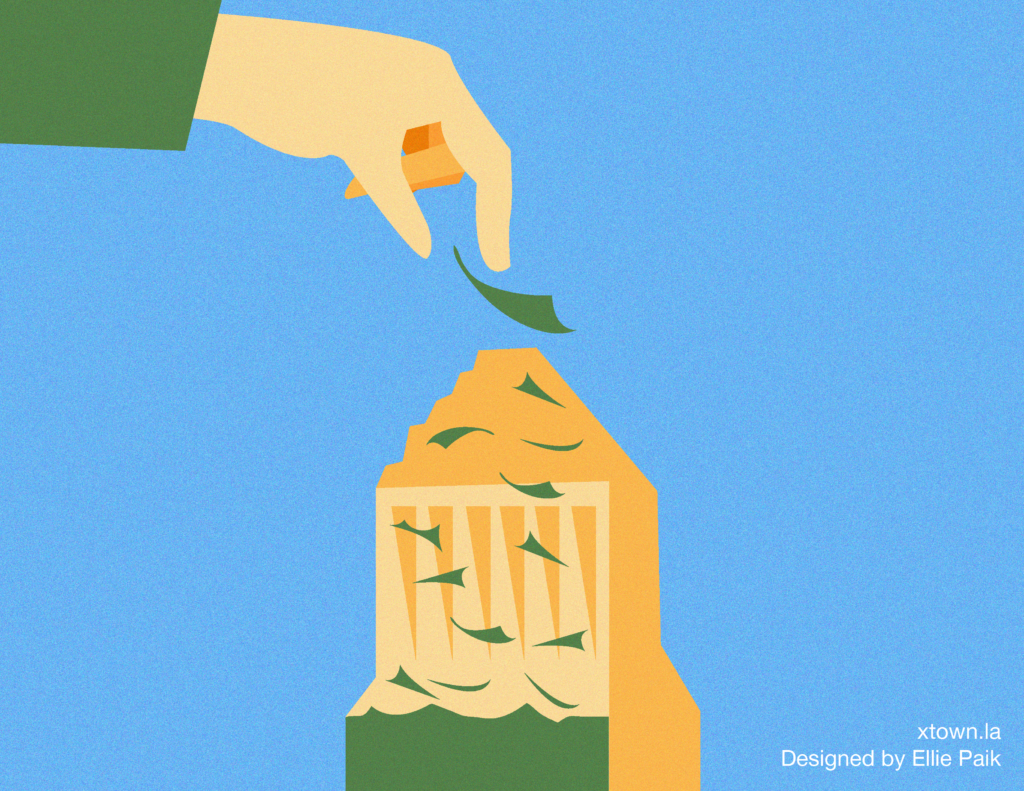 Illustration of money being put into a city hall piggybank, with blue background