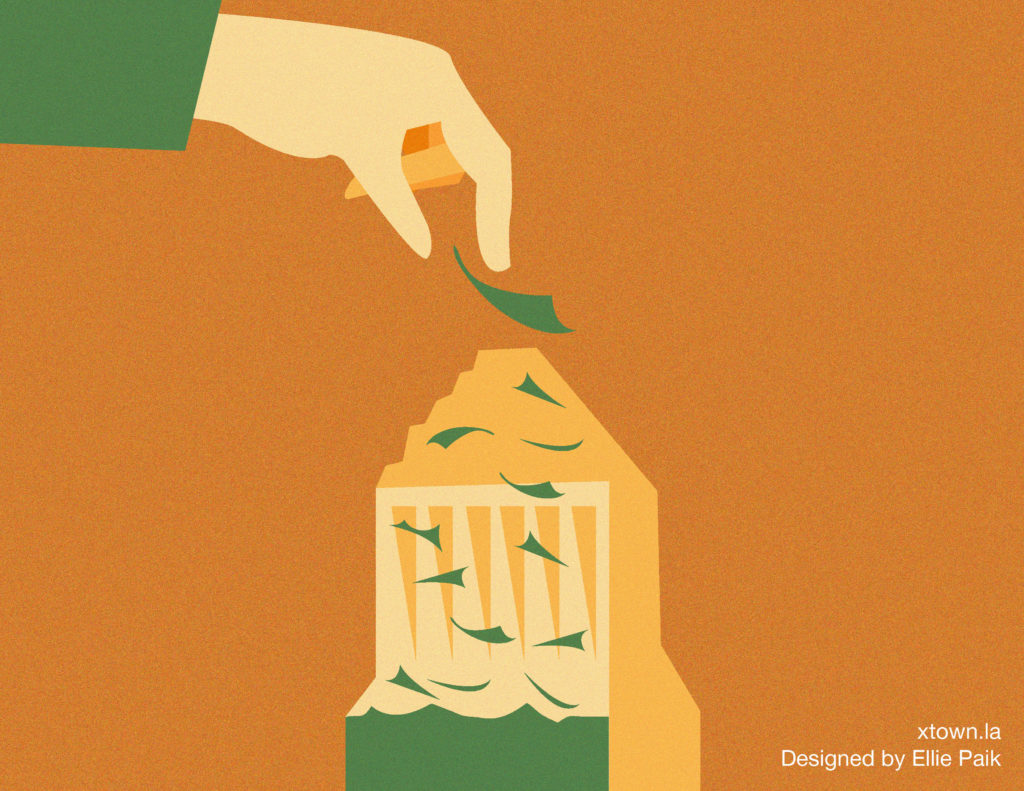 Illustration of money being put into a city hall piggybank, with orange background