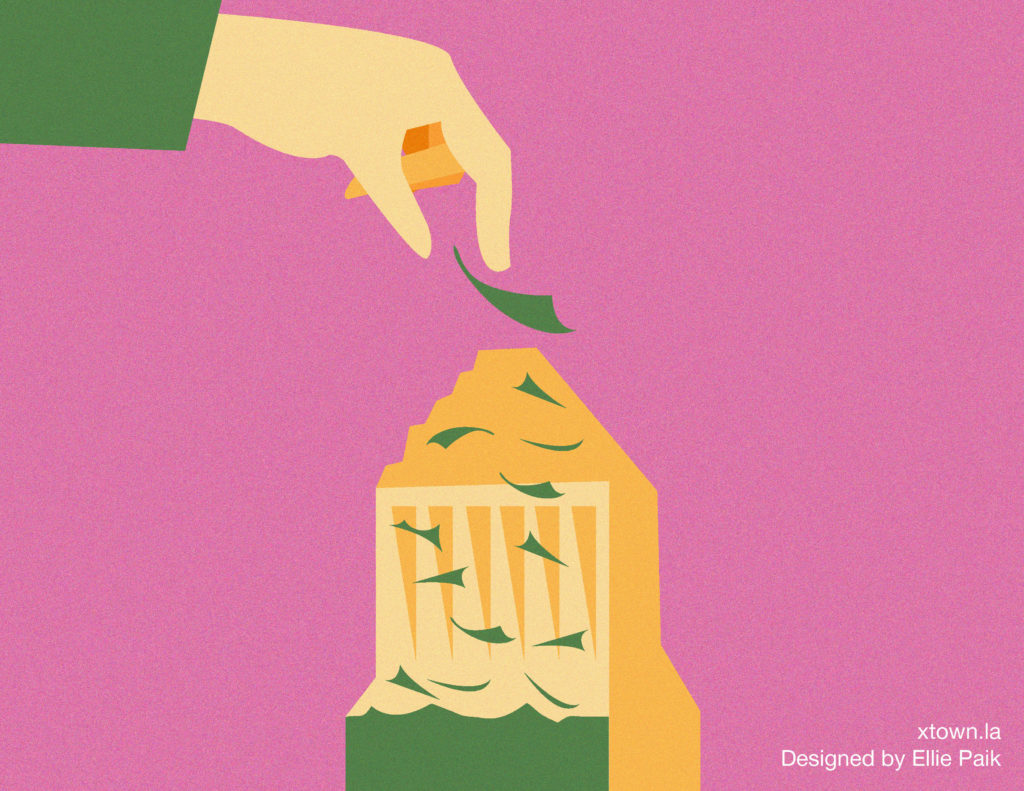 Illustration of money being put into a city hall piggybank, with white background