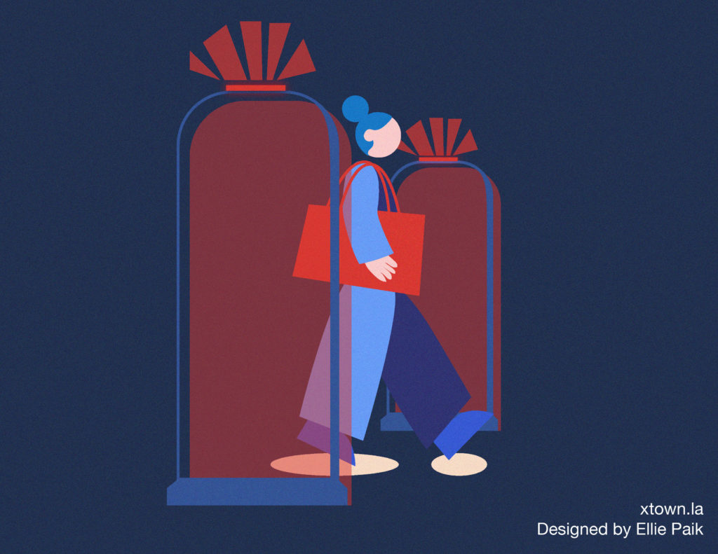 Blue illustration of woman walking through a store alarm