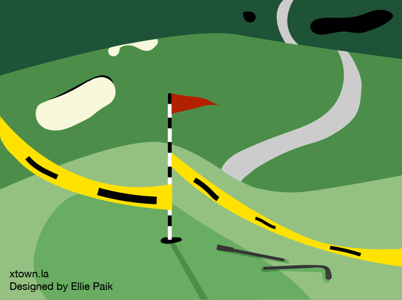 Illustration of a golf course with crime tape and a broken club