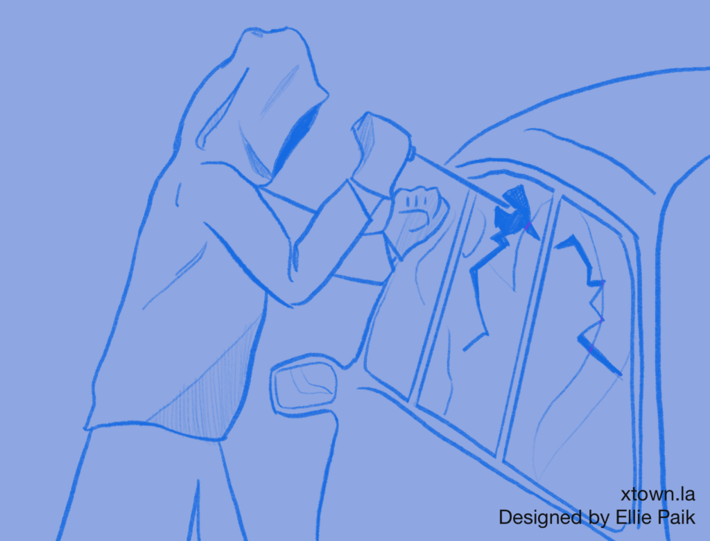 Blue-hued image of someone using a screwdriver to break a window of a car