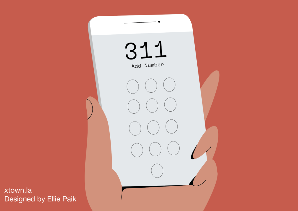 Illustration of a hand holding a phone dialing 311