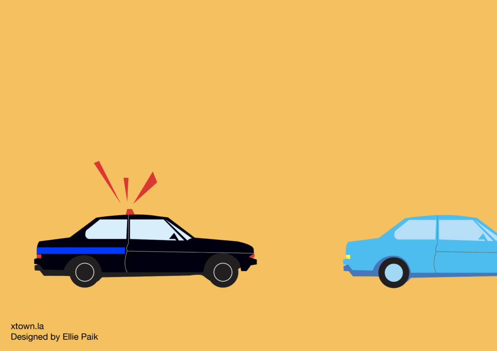 Illustration of a police car chasing another vehicle, with siren blaring and yellow background