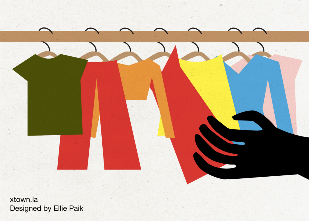 Illustration of brightly colored clothing with a hand shoplifting