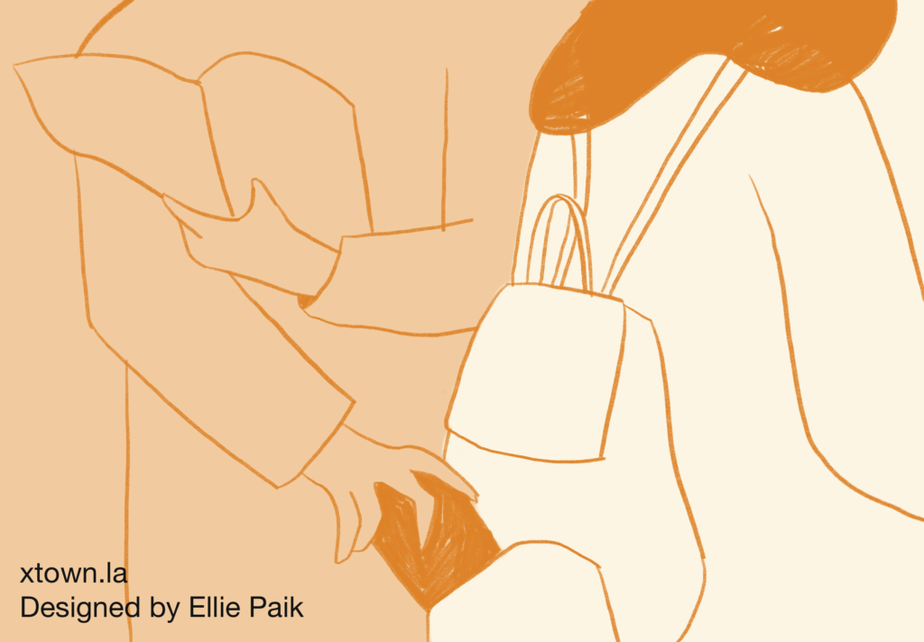 Illustration of a hand stealing an item from a woman's backpack, with orange background