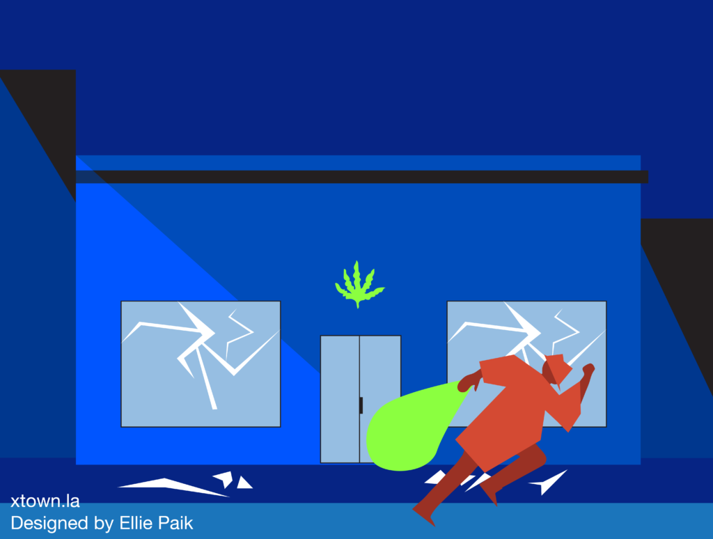 Blue-hued illustration of a thief running from a cannabis business--signed