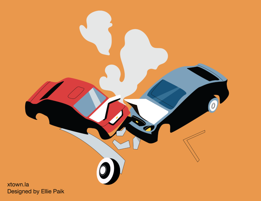 Illustration of a red and a blue car that have smashed, with an orange background