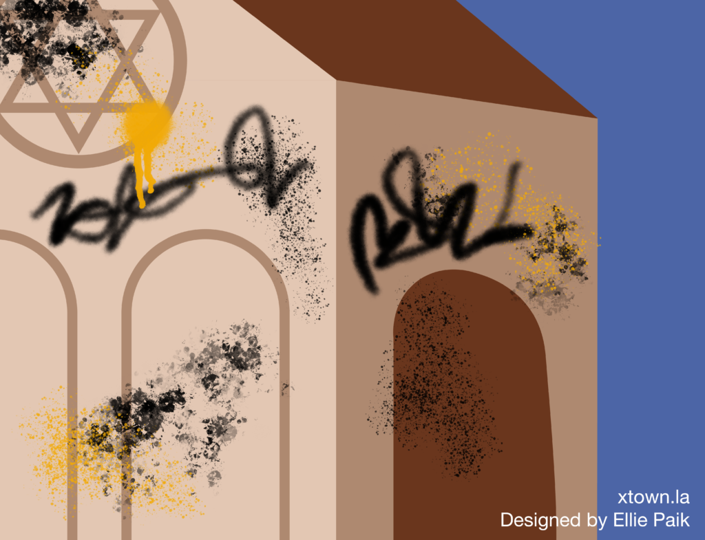 Illustration of a synagogue vandalized with graffiti-signed
