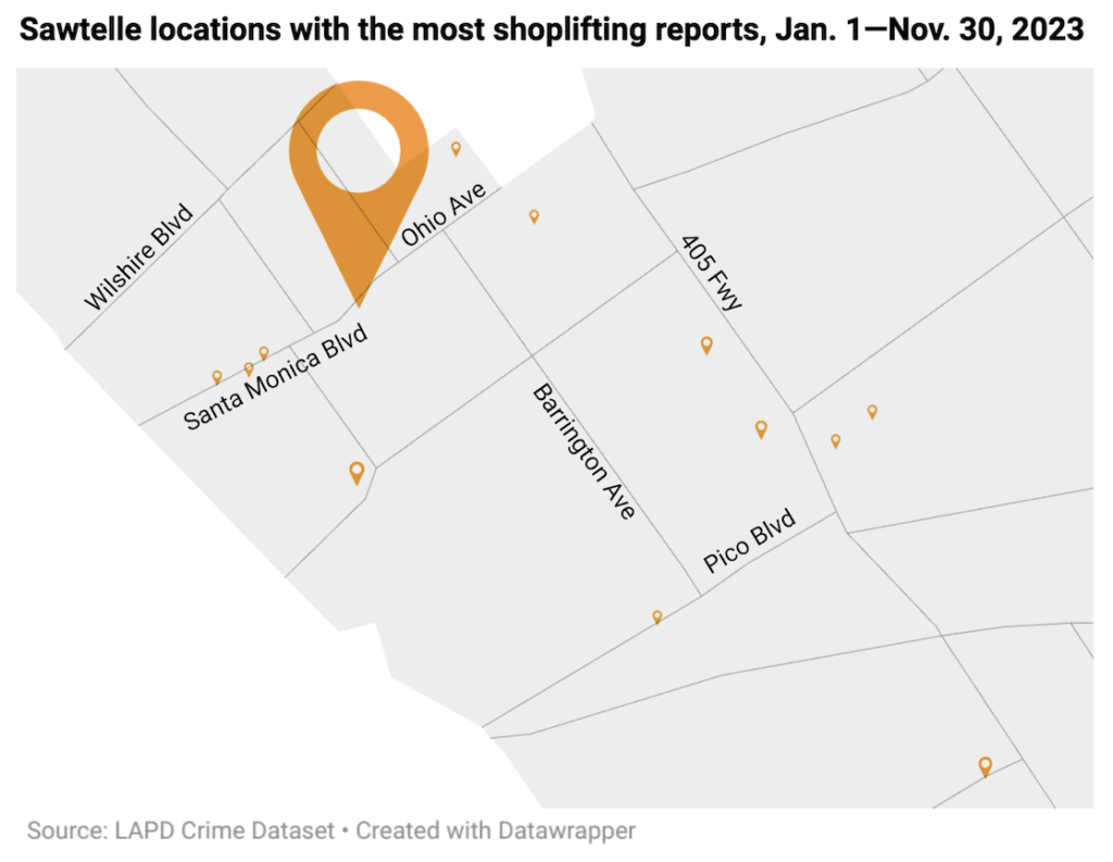 Heat map showing Sawtelle locations with most shoplifting reports in 2023