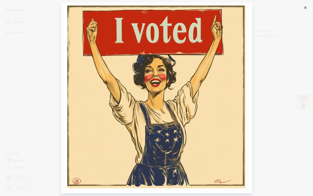 Woman in blue holding an "I Voted" banner